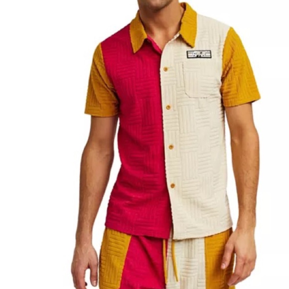 REASON COLOR BLOCK MENS SHORT SLEEVE BUTTON UP CASUAL SHIRT SIZE L